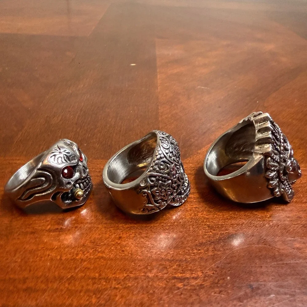 Mens Stainless Steel Skull Ring Set Biker Gothic Sugar Skull Headdress 3pc